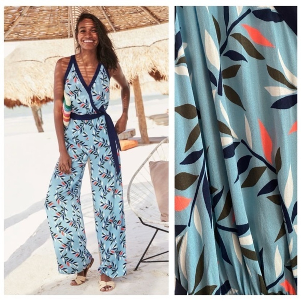 Boden Blue Leaf Print Maddie Halter Wide Leg Jumpsuit 6 Tall